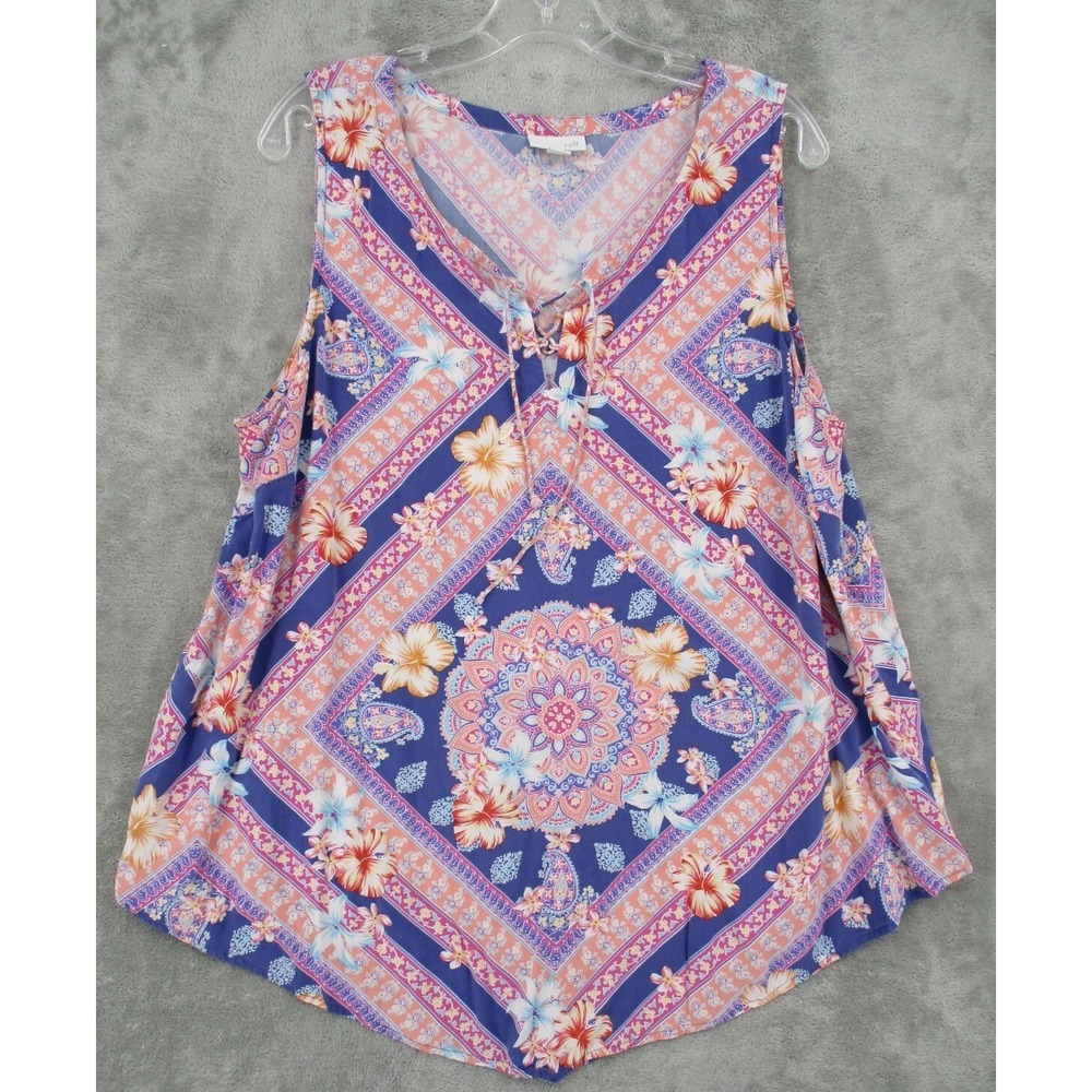 J Jill Top Womens Size L Handkerchief Lace up Floral Bohemian Cottage Resort
